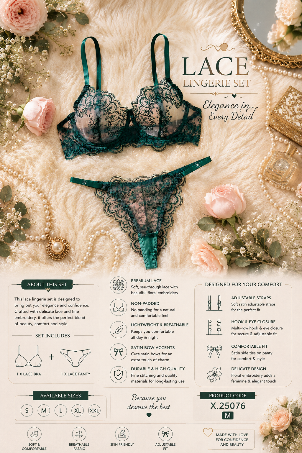 💚 Emerald Green Lace Lingerie Set