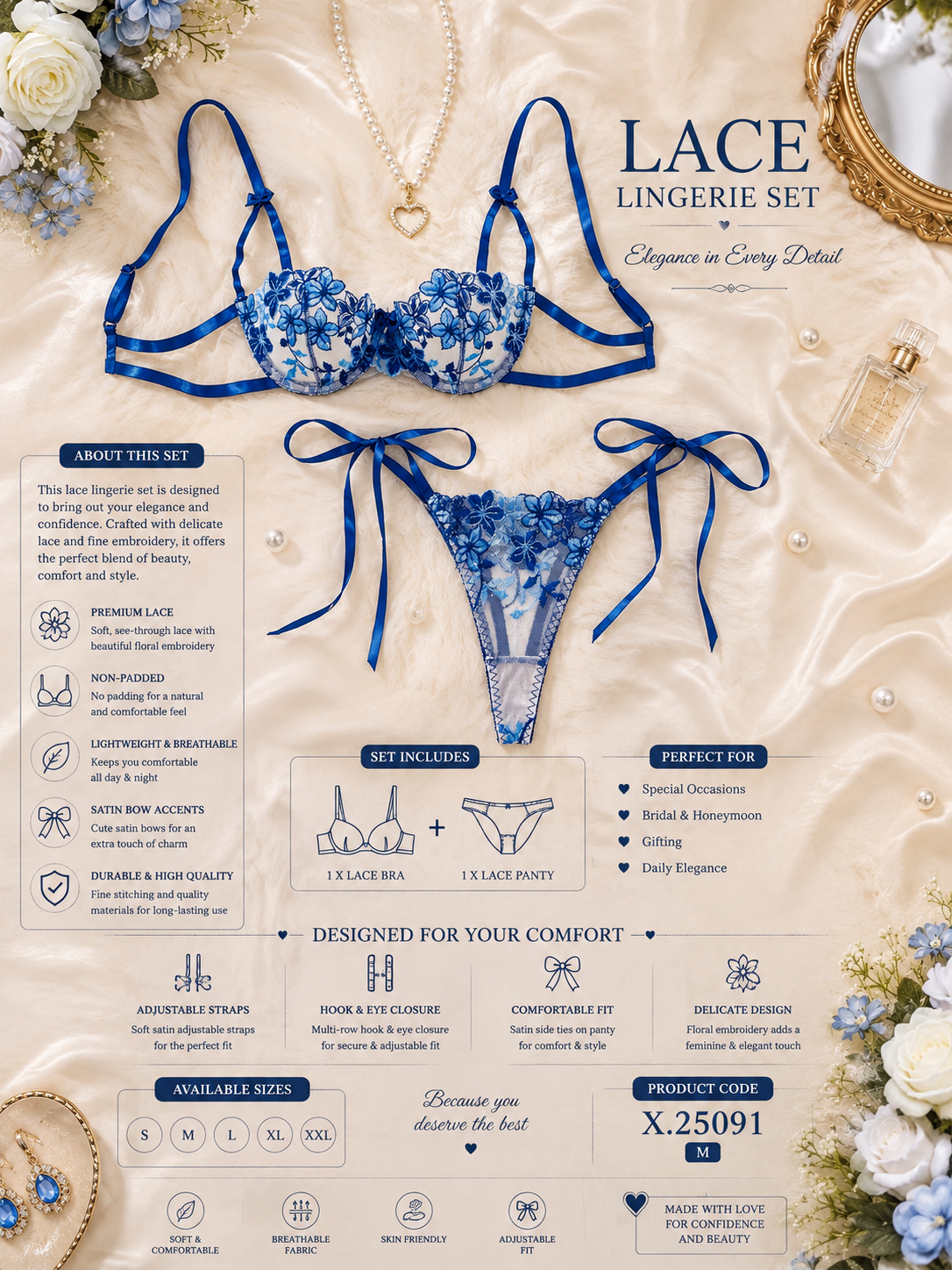 💙 Royal Blue Floral Lace Lingerie Set