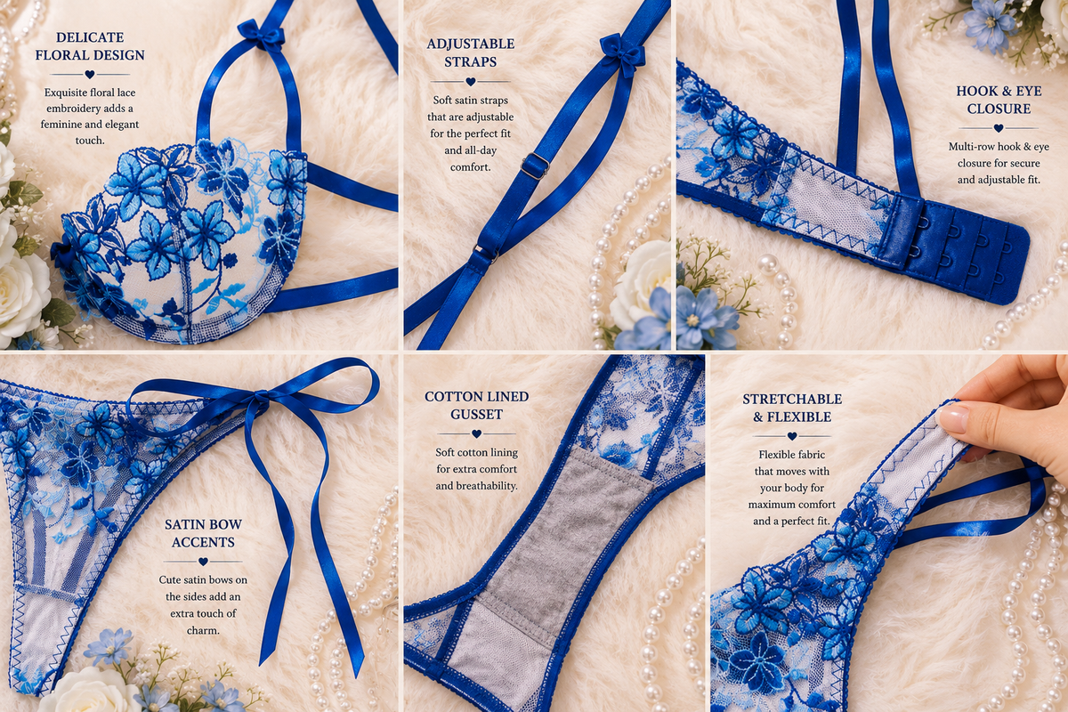 💙 Royal Blue Floral Lace Lingerie Set
