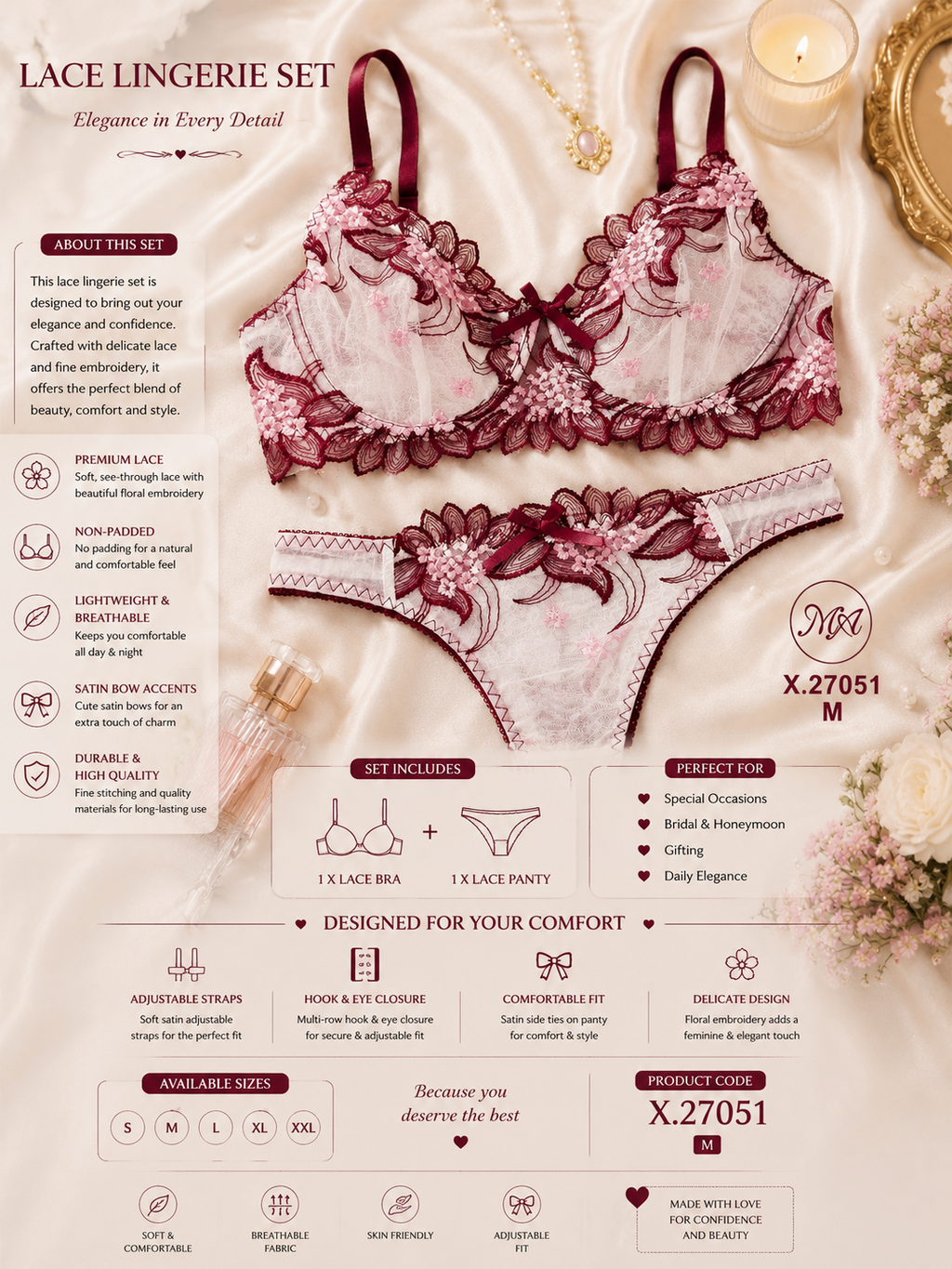 ❤️ Burgundy & Blush Floral Lace — A Romantic Set Made to Impress