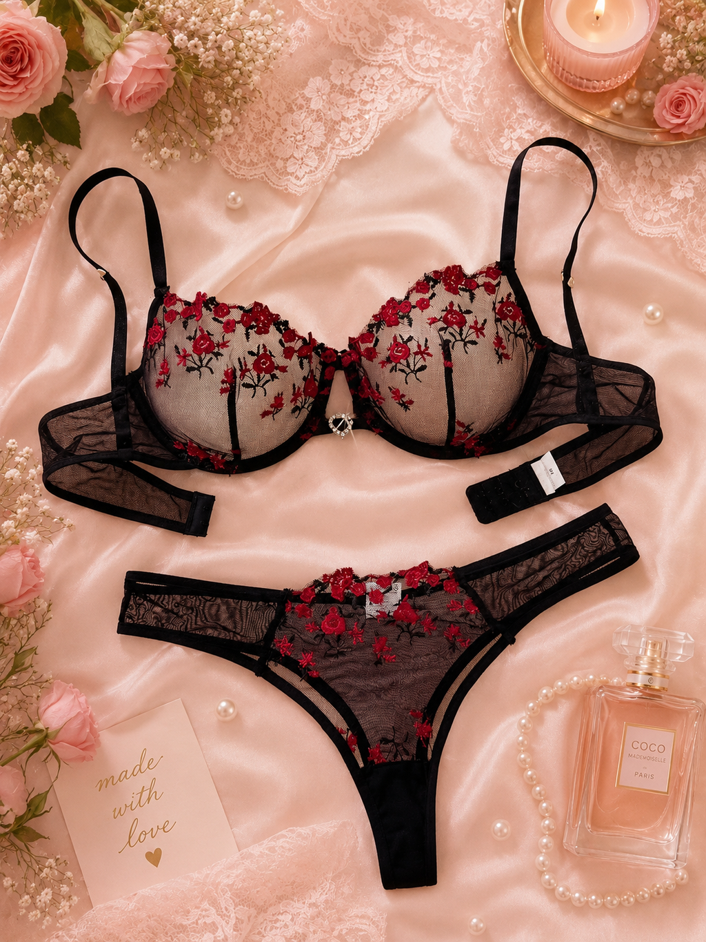 🖤 Black & Red Floral Lace Lingerie Set