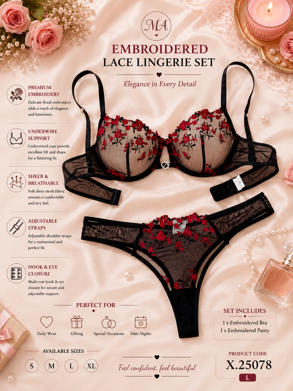 🖤 Black & Red Floral Lace Lingerie Set
