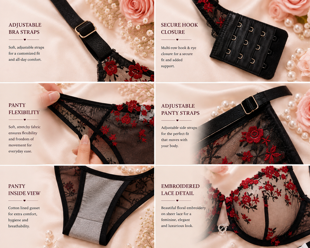 🖤 Black & Red Floral Lace Lingerie Set