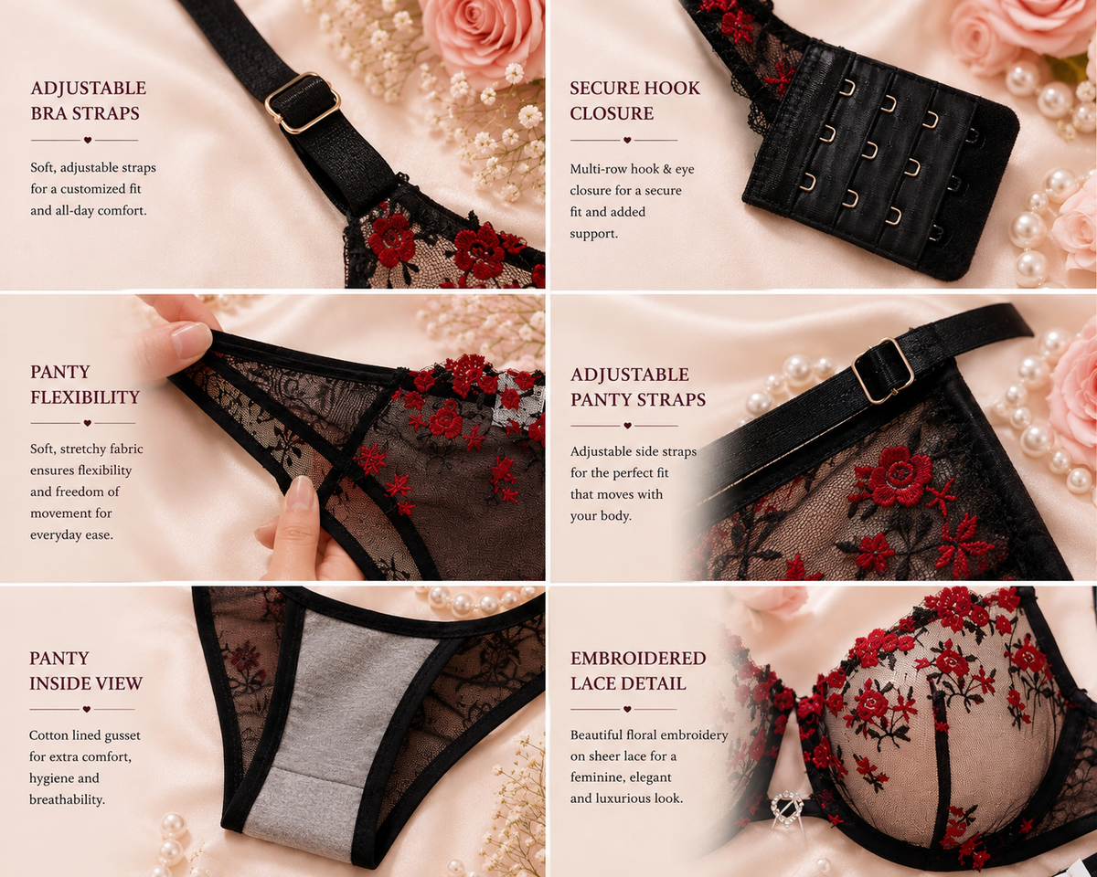 🖤 Black & Red Floral Lace Lingerie Set