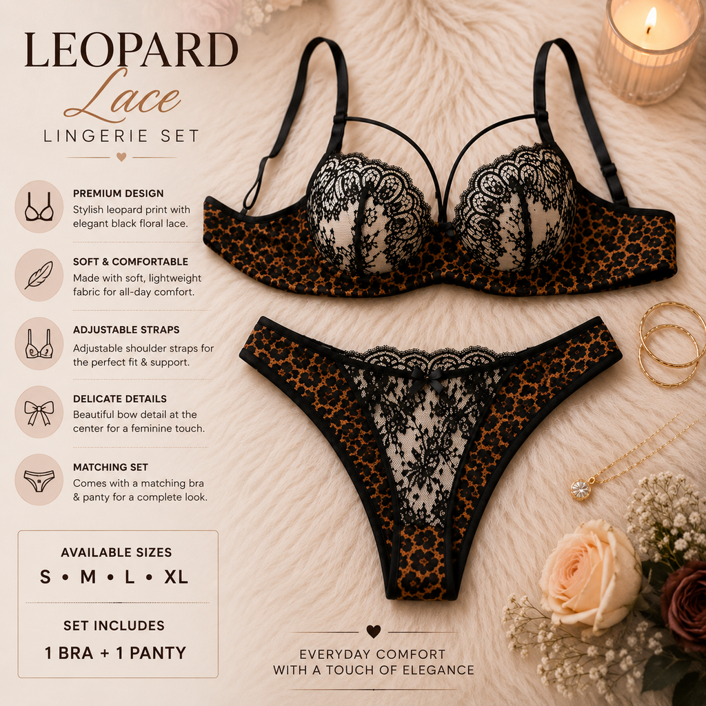🖤 Black & Leopard Print Lace Lingerie Set