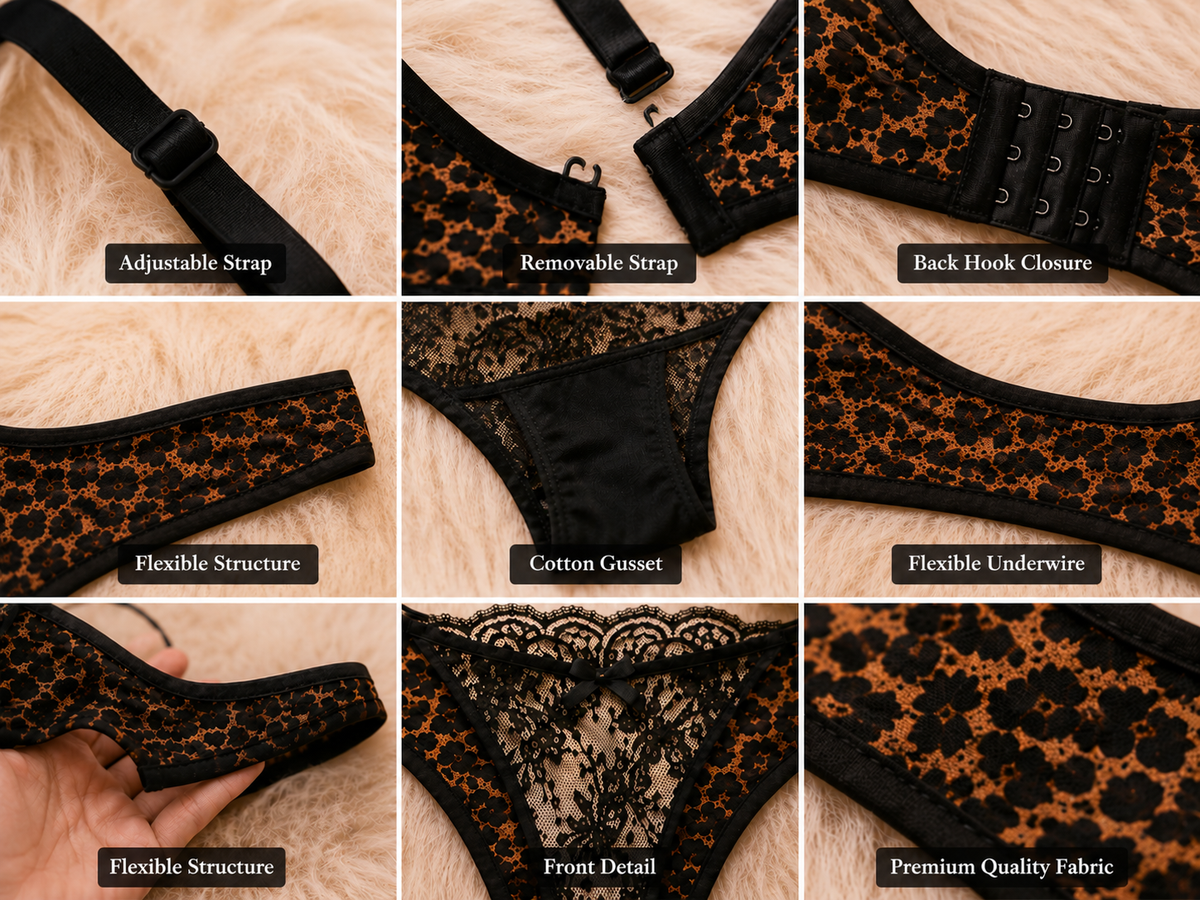 🖤 Black & Leopard Print Lace Lingerie Set