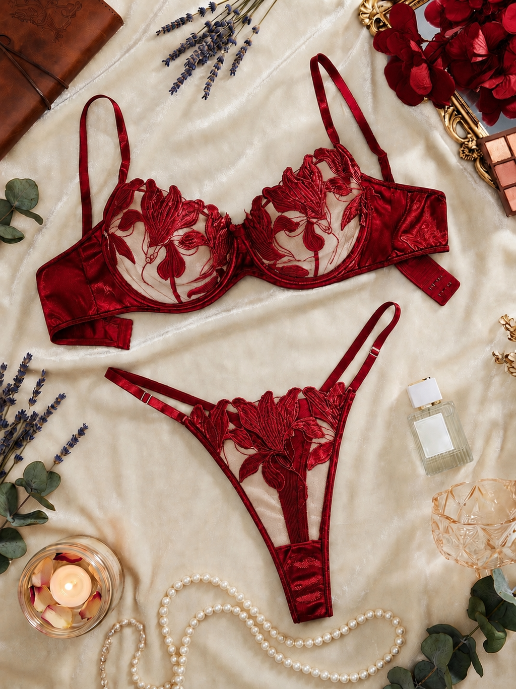 💙 Navy Blue Floral Embroidered Lace Lingerie Set