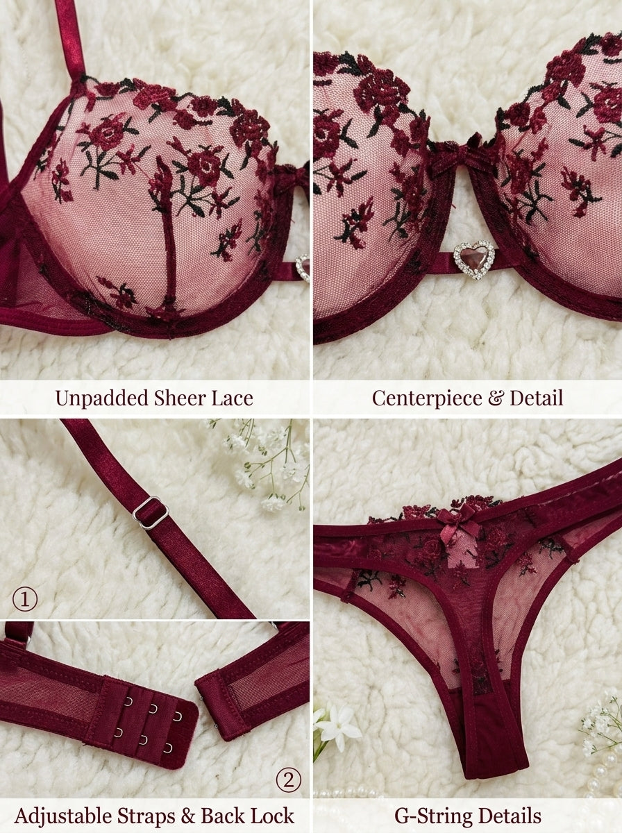 Elegant Burgundy Floral Embroidery Lingerie Set