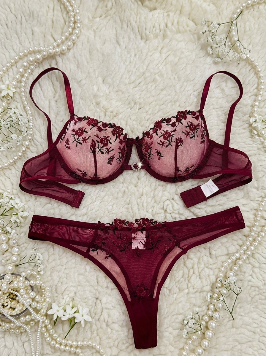 Elegant Burgundy Floral Embroidery Lingerie Set