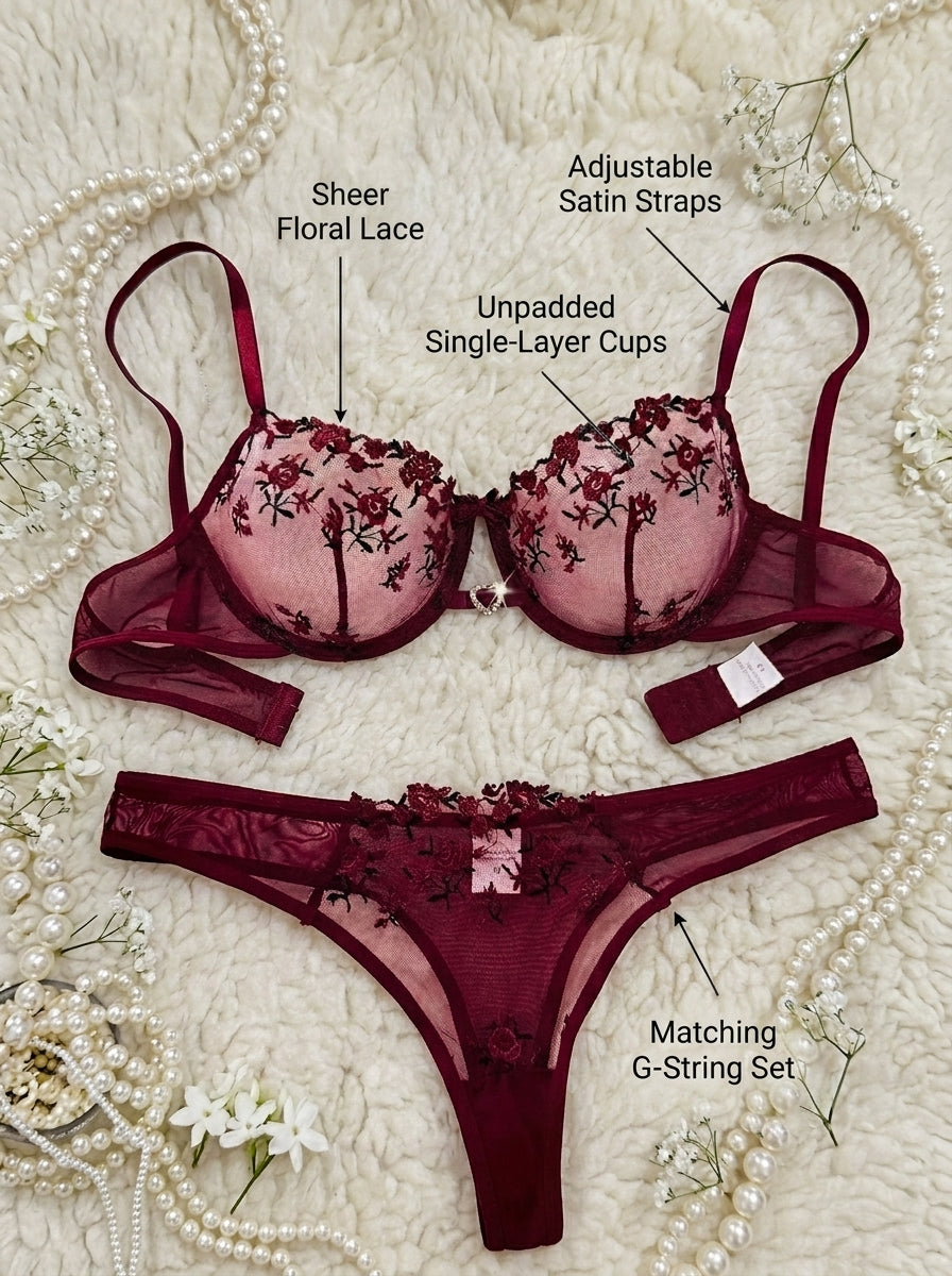 Elegant Burgundy Floral Embroidery Lingerie Set