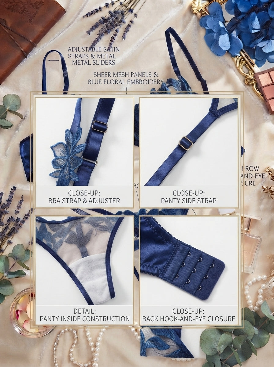 💙 Navy Blue Floral Embroidered Lace Lingerie Set