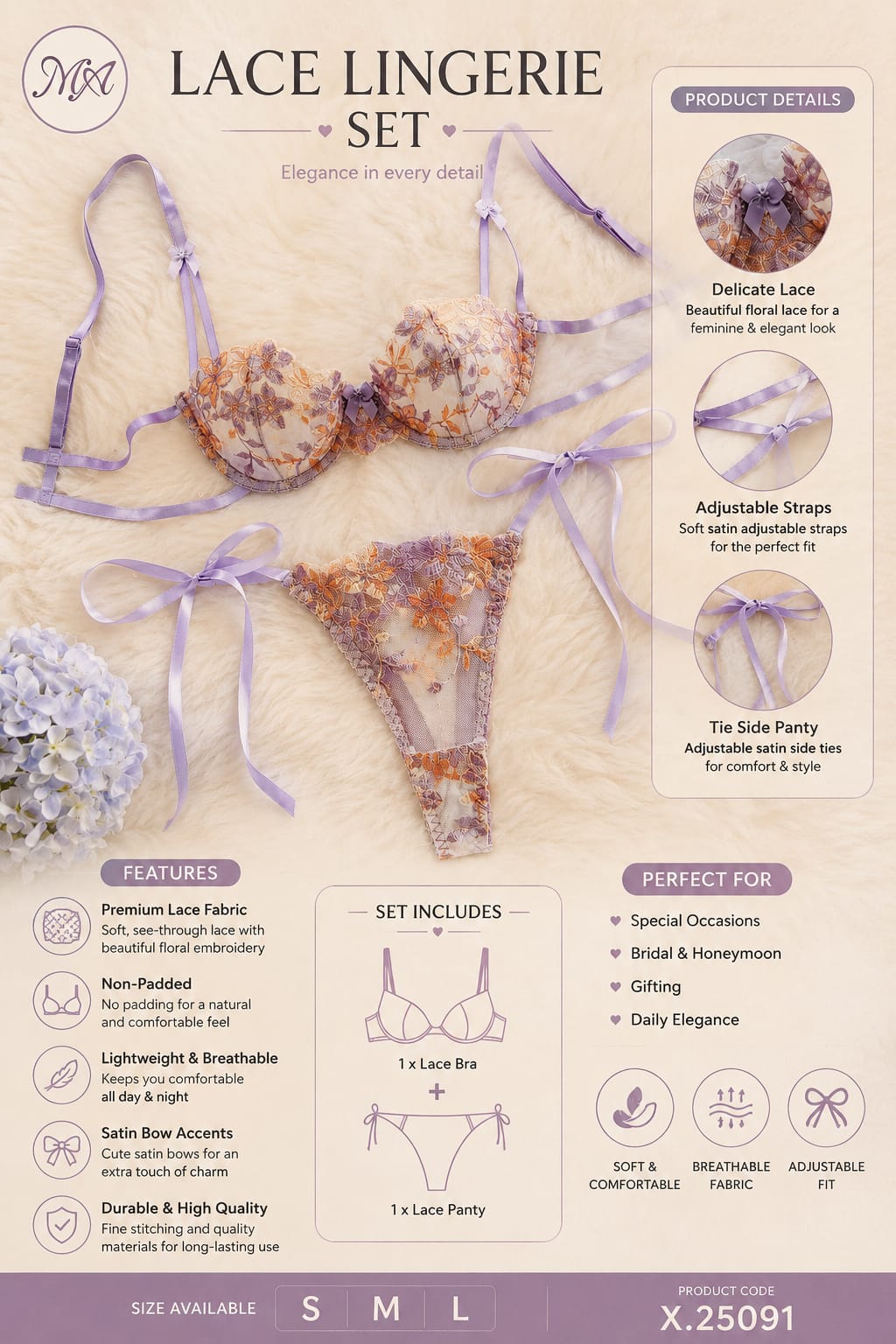 💜 Lavender Dream — Floral Lace Lingerie Set