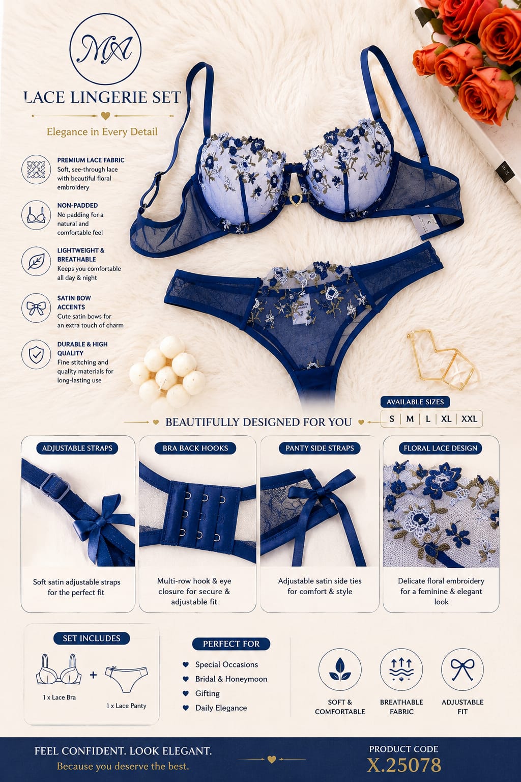 💙 Royal Blue Floral Lace Lingerie Set