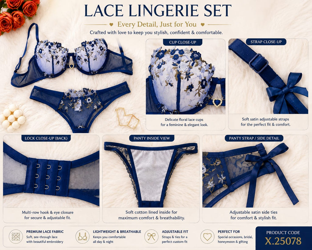 💙 Royal Blue Floral Lace Lingerie Set